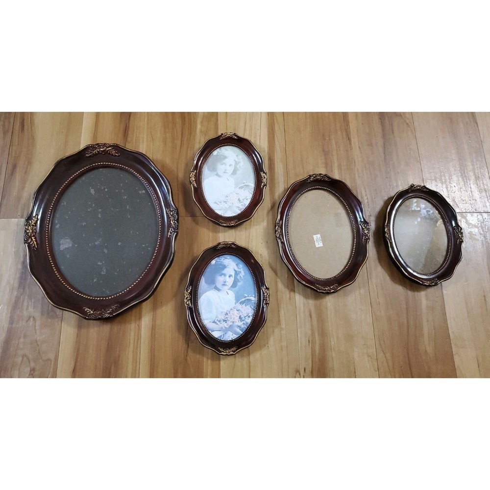 Vintage Victorian Oval Picture Frames Set 5 Pc Burgundy Gold Ornate Gallery Wall